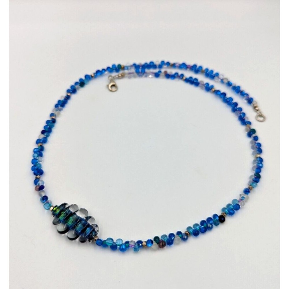 Blue Art Glass Sterling Silver Necklace Beaded Vintage Swirl Dichroic Main Bead